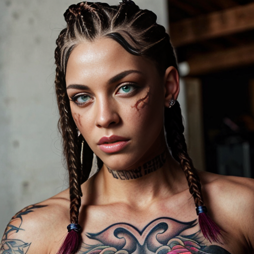 Muscle women  dark red cornrows dark green eyes tattoos