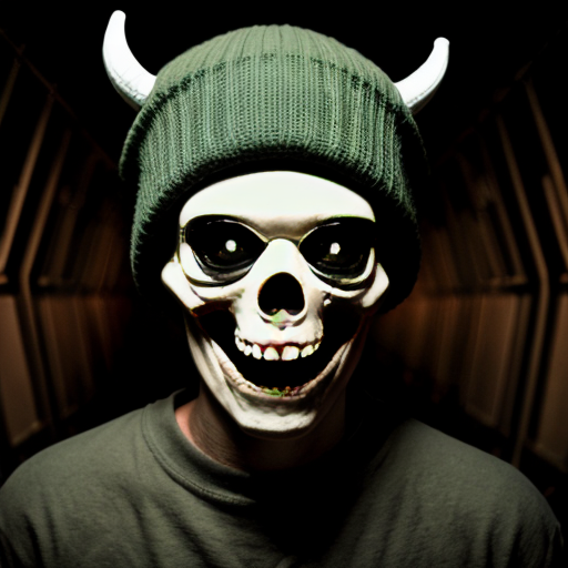 Photorealistic found-footage flash photography of three uncanny puppets in a dark concrete tunnel. Left: furry grinning demon with horns. Center: pale, blank-faced puppet in an oversized white military cap. Right: tall, grinning white puppet with hollow black eyes and a propeller beanie. Analog horror, heavy VHS grain, harsh camera flash, eerie green-blue tint, macabre, liminal space.