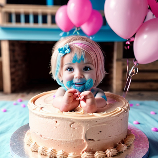 create a 2 year old daughter with blonde hair with blue eyes in pink on her birthday in front of a cake at a house 