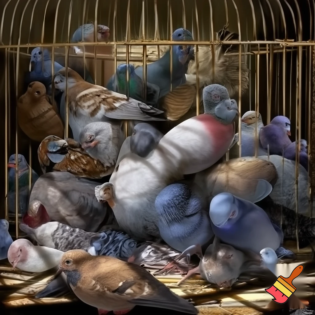 pile Of birds in one big cage