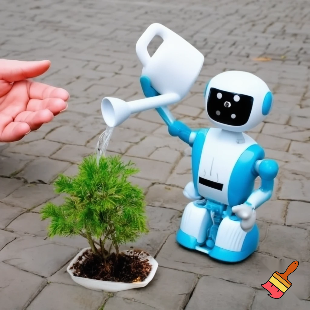 Un robot assistant qui arrose une plante... en plastique.