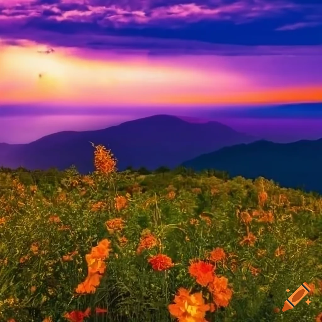 high quality purple sky with realistic orange lightning over a lush vibrant field of flowers surrounded by tall green mountains