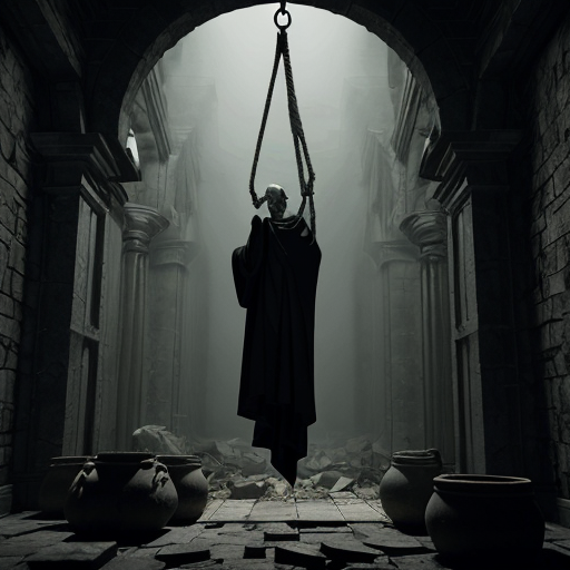 Photorealistic dark fantasy crypt. A gaunt, pale man in black robes stares at a fleshy, grotesque sack hanging from a rope. A winged, horned demon perches on a stone ledge behind him. Ruined stone floor with rubble, broken pots, and low-lying fog. Cinematic volumetric lighting, macabre gothic horror style, 8k resolution