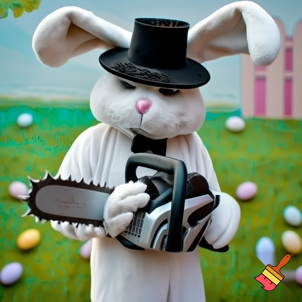 Easter bunny mascot costume top hat🚪 Easter bunny with a chainsaw