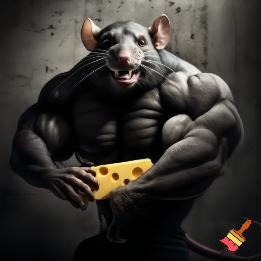 mugshot, rat buff,  cheese in hand, sinister evil smirk rat