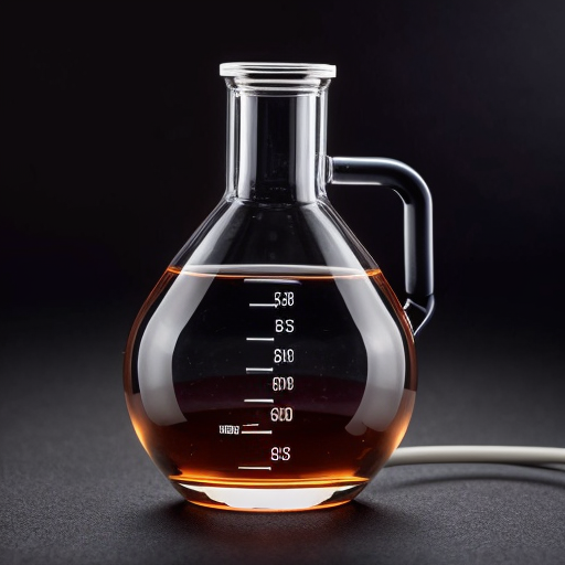 a chemical flask with water and two metal plates connected by wires. purple background, close-up