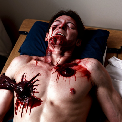 A corpse shirtless man, died, face are hiding by shirt, eye closed, chest fully opened wounded, blood everywhere.