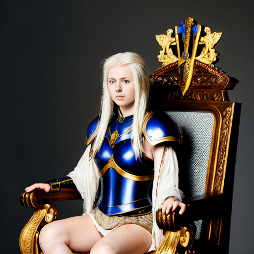 young tall white-haired woman in armor sits on a throne