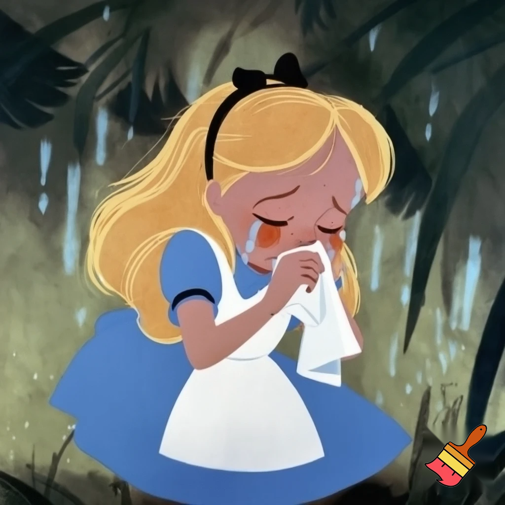 Alice in wonderland 1951 crying into a handkerchief dozens of tears and crying while blowing her nose into her handkerchief