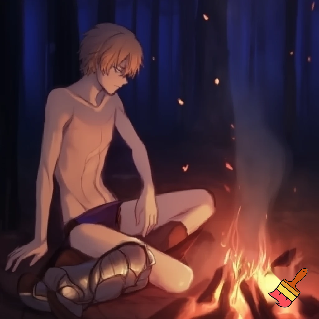 An anime knight with his armour off sitting around a campfire with his shirt off and only his underwear on