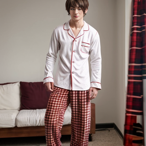 a anime boy
 with red plaid red pajama pants and white shirt standing up


