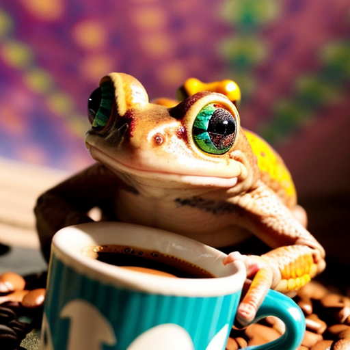 A hillarious, funny boho toad with some hippie colored coffee cups. Psychedelic decorated background, hyperrealistic. Close-up view.
