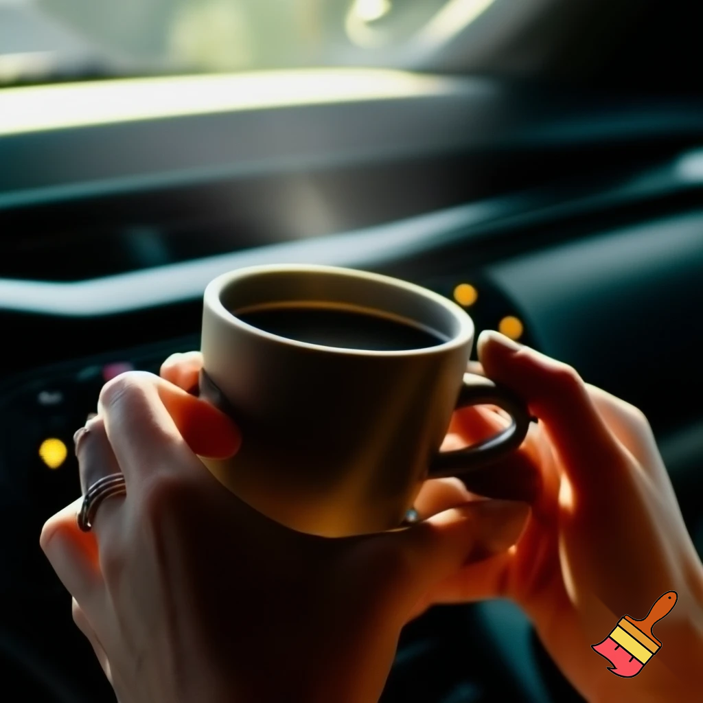 give me a photo of a successful woman holding a cup of coffee in her car, her face should not appear in the photo