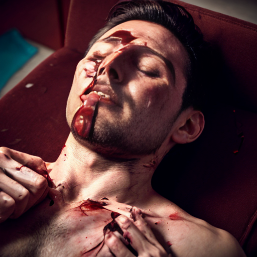 A shirtless man, face are hiding by shirt with cut on eye part, died, chest open wounded, blood everywhere, mouth are bleeding blood, eye closed.