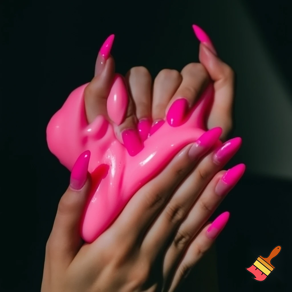 crate a picture of hands with hot pink glitter French tip nails playing with lots of solid fluffy pink slime. Make it look very baddie with dark backround
