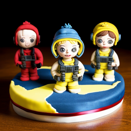 Photorealistic image of a single-tier round white fondant cake in Fallout New Vegas style, diameter 25cm. On top: large drawn Vault Boy character thumbs up (big smile, yellow hair, blue jumpsuit with yellow Vault-Tec logo, pointing finger up). Around the top edge: red 'Happy Birthday' banner ribbon. Sides fully covered in white fondant with drawn thematic Fallout elements: Nuka-Cola bottles, radiation symbols ☢️, Pip-Boy wristwatch, Liberty Prime head silhouette, Brotherhood of Steel logo. Three volumetric 3D red Nuka-Cola bottle caps (realistic, glossy, 4cm diameter, protruding 2cm) placed on sides. Yellow Vault-Tec arc emblem with '38' in center of side. Monochromatic colors: white base, blue, yellow, red accents only. Studio photo on wooden table, perfect lighting, highly detailed, cake topper style