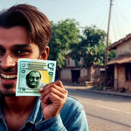 Huge green Hulku smiling happily after finding a 10 rupee note on the road in a village, joyful expression, dramatic cinematic lighting, dusty village road, realistic 3D animation style, Instagram reel format 9:16