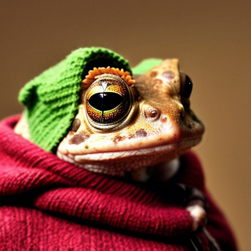 A laughable, puzzled animal toad in woolen, multicoloured winter clothings and with cap. Hyperrealistic style.