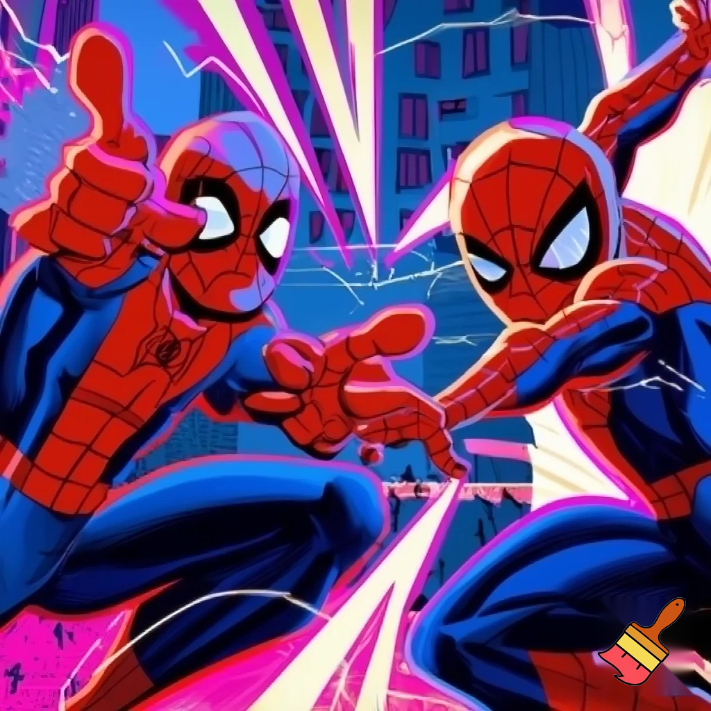 Spider man pointing at another version of himself positioned at the opposite side of him. Cartoon art style.