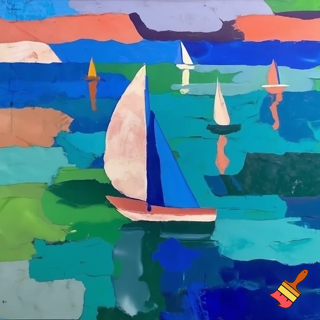 postmodern acrylic painting sea and boats 