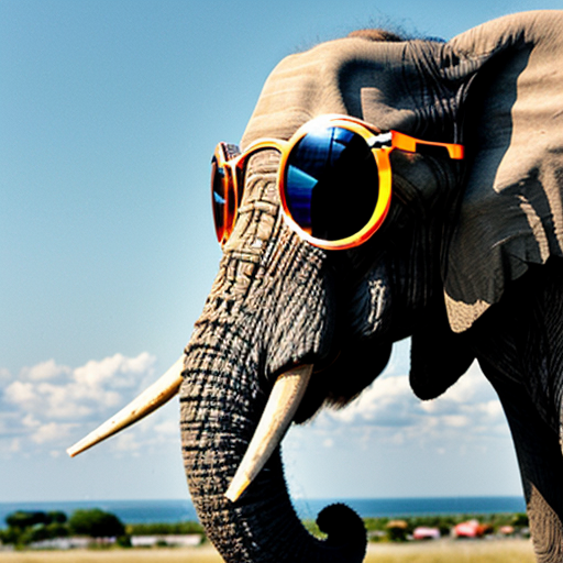 A happy elephant wearing sunglasses and eating ice cream