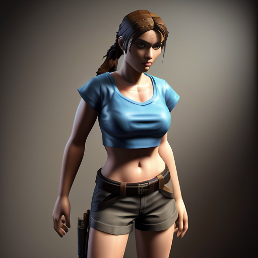 "Low-poly style Lara Croft from Tomb Raider 1 (1996), perfectly recreated triangular breasts with visible polygonal edges and sharp angles, classic blue top and brown shorts, retro 1996 3D character aesthetic mixed with detailed rendering, ponytail, ancient tomb background, cinematic