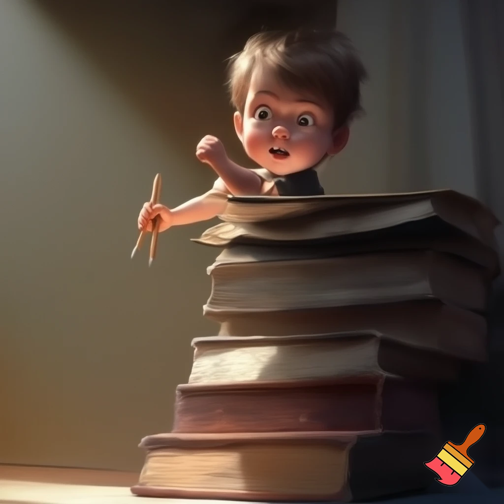A child standing on a pile of books, holding coloring pencils in his hand, as he was drawing on the wall. Fear and astonishment are visible on his face, as if he has just seen someone about to scold him. The scene is detailed and realistic, with soft natural lighting, cinematic depth, and expressive emotions. Ultra-realistic, 4k, cinematic realism.