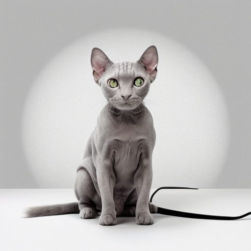 Light grey Sphynx cat with light blue eyes against a cool background. Square image 