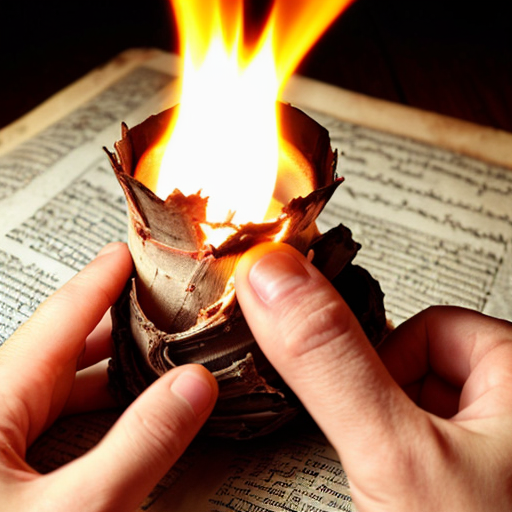 شعلة مضيئة تمسكها يد . و الخلفية مخطوطات قديمة
