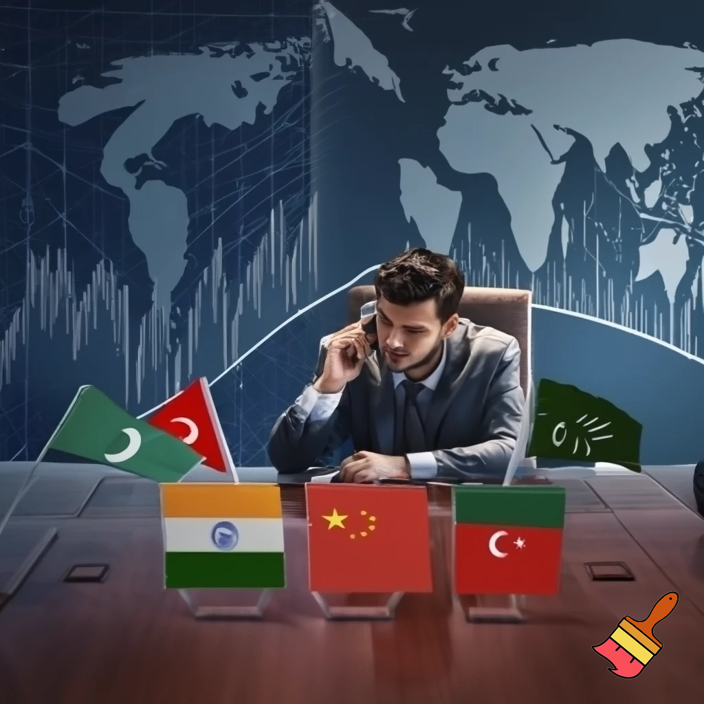 In a business room, a businessman in a suit is sitting at a table and talking on the phone. On the table are flags of Iraq, Afghanistan, China, India, Turkey, Tajikistan, Pakistan. On the wall of the room are boards with sales charts. On the wall is a large board with a world map.