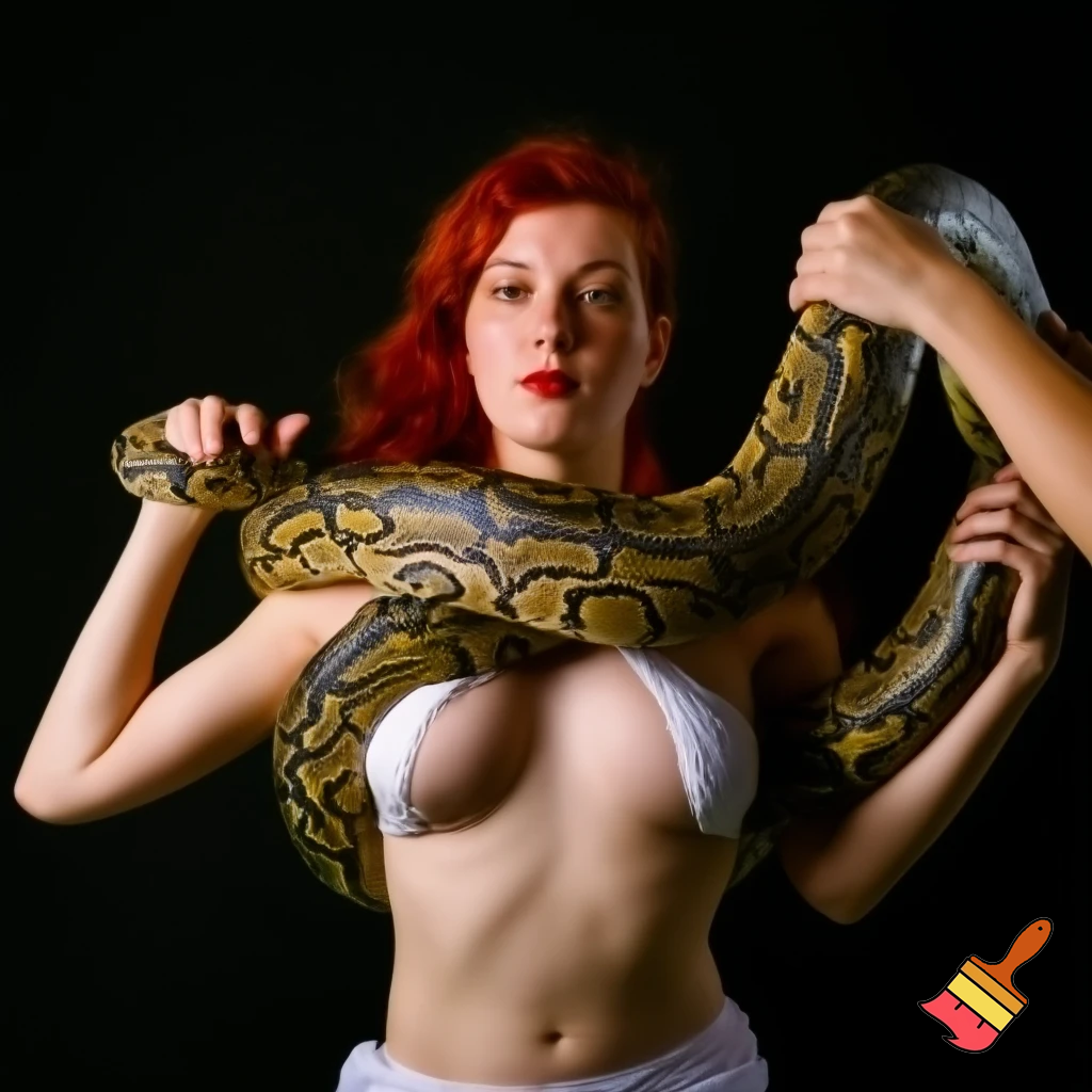An attractive woman with red hair well formed breasts wearing a loin cloth being coiled and constricted by a giant python slowly squeezing the life from her