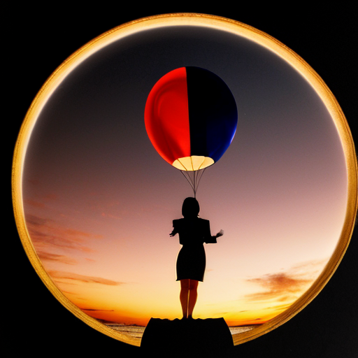 Portrait A sunset with a Jewish star in the middle glowing, a cat with tree legs and no tail sits on it. While a girl stands in the middle holding a balloon