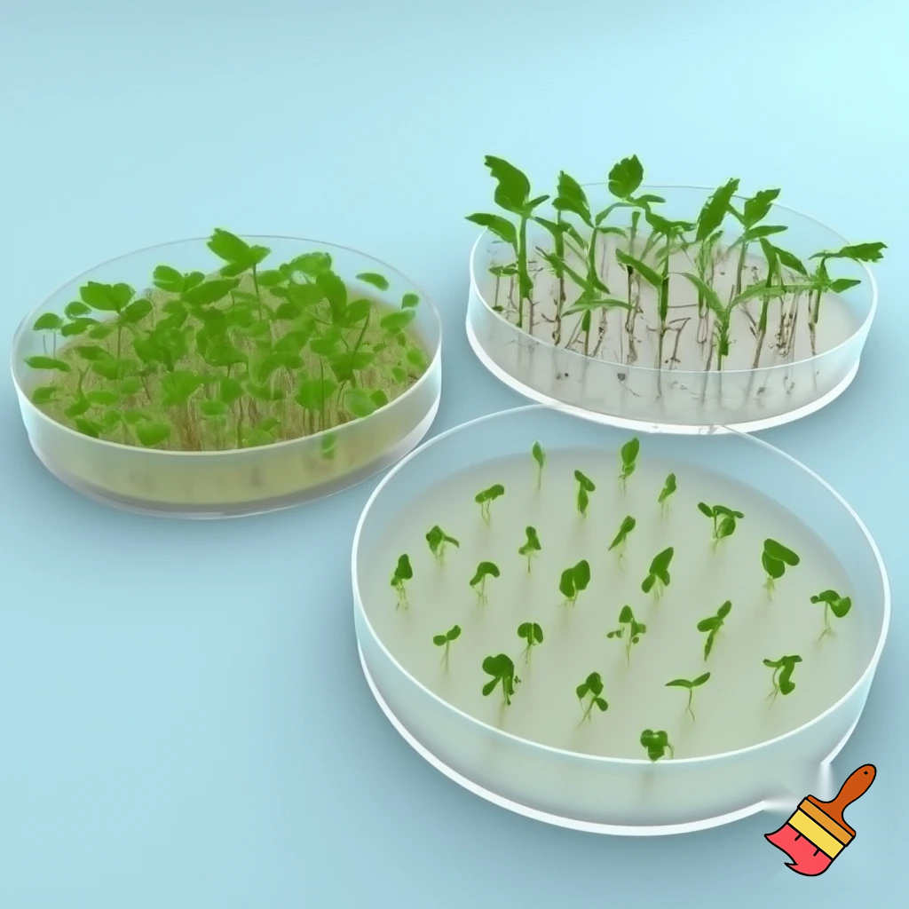 Three laboratory Petri dishes with agar as the medium, each containing 20 seedlings — pak choi in one, arugula in another, and coriander in the last one. All seedlings should be enclosed within the three closed dishes and measure about 2 cm in length, some slightly shorter and some slightly longer. Everything is set against a light sugar-paper blue background.