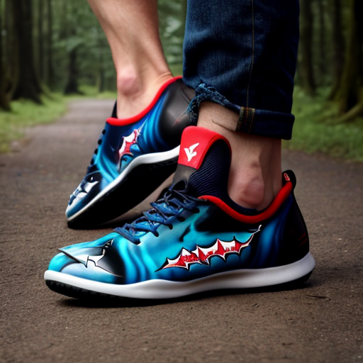 Make a shark with blue shoes on runing away into the woods fast the shark is wearing the shoes running