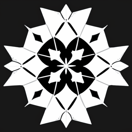 Six-sided crystalline snowflake line drawing with fractal geometry in b&w