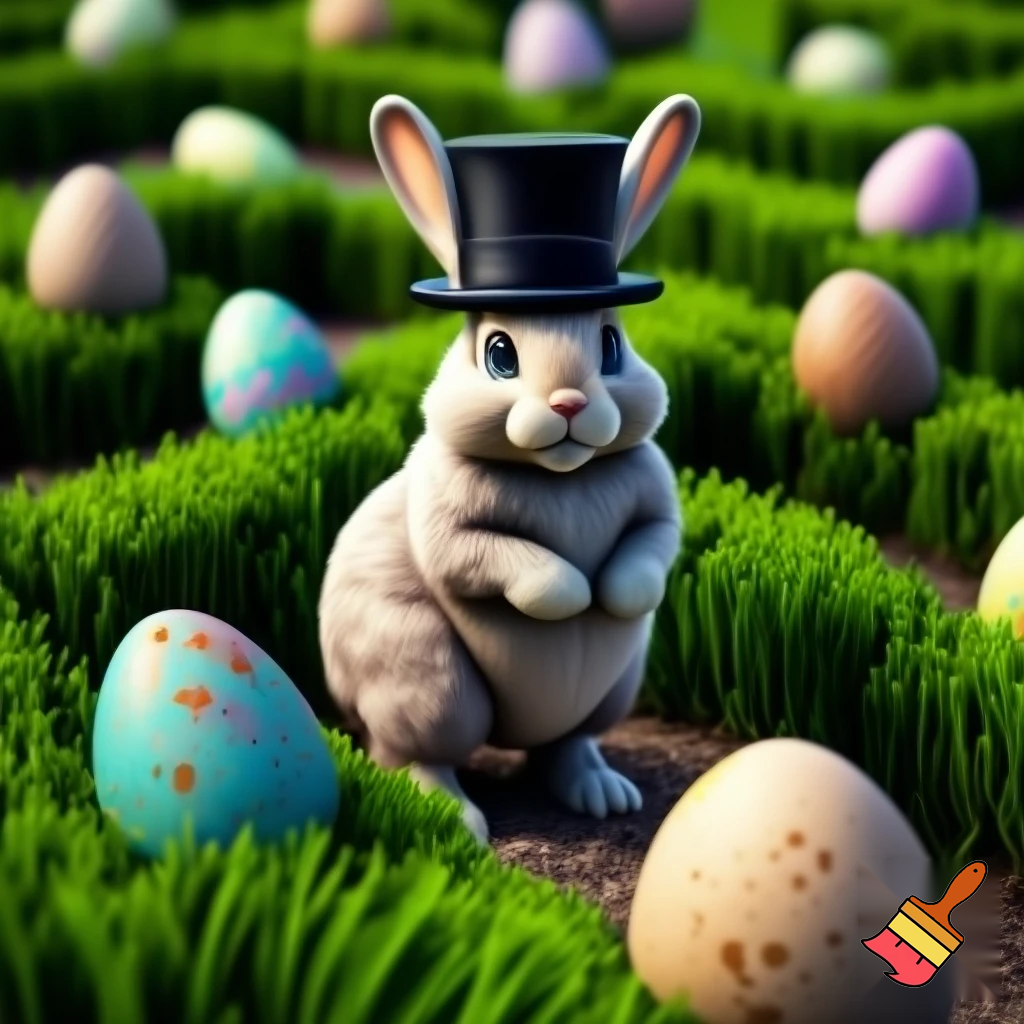 Easter bunny mascot with the top hat costume Easter bunnies maze house