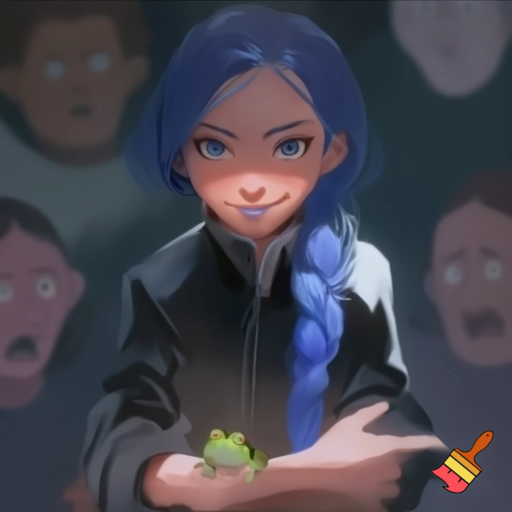 girl with blue braid and has a black jacket with blue eyes
with smile holding a frog all the people was scared of a frog the girl got bulliyed with boys and girls
