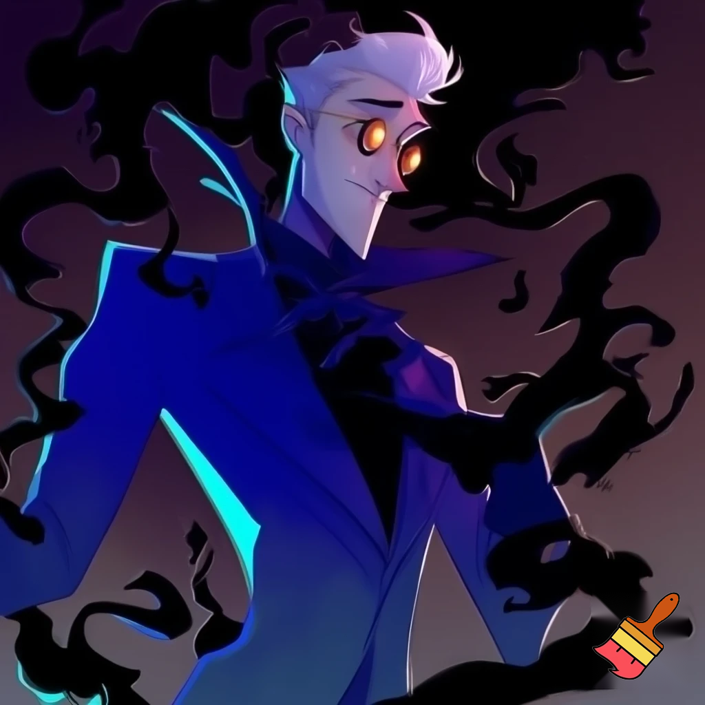 A tall, lean pale man with a similar build to Alastor with white hair, distinctive round brass glasses he has a stern look on his face. his face In cartoonish art style of hazbin 
hotel wearing his signature blue overcoat with black sinister smoke curling around him his hand reaching out, producing the black sinister smoke
