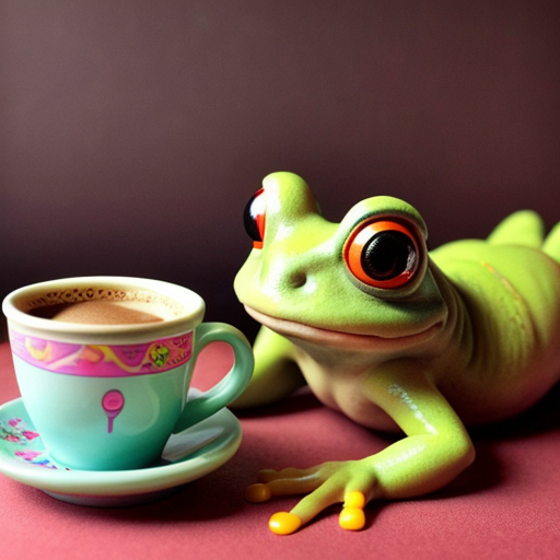A hillarious, funny boho toad with some hippie colored coffee cups. Psychedelic decorated background.