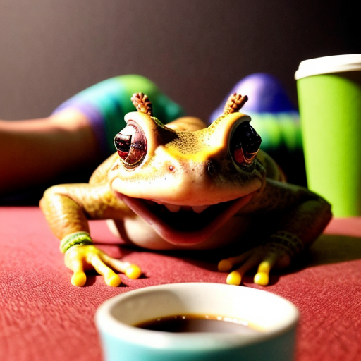 A hillarious, funny boho toad with some hippie colored coffee cups. Psychedelic decorated background, hyperrealistic. Close-up view.
