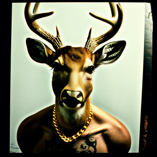 mugshot of a fierce deer with a tatoo , gold chain