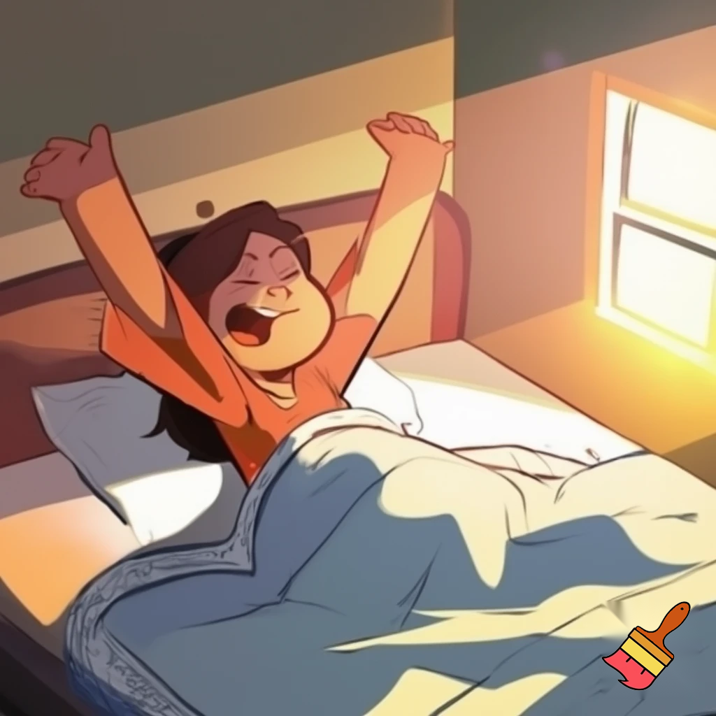 “Person sitting in bed, stretching arms and yawning, blanket on bed, morning sunlight, bedroom, simple cartoon style, bright colors”
