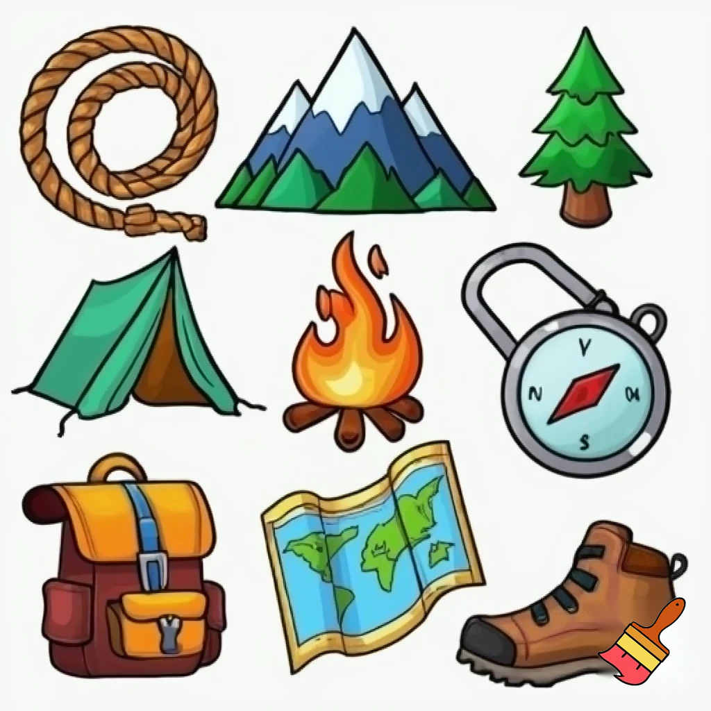 single icons of nature exploration in cartoon style : cord, fir tree, mountain, campfire, tent, carabiner, compass, backpack, world map, hiking shoe, binoculars