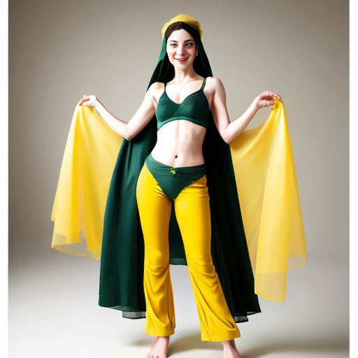 90's disney's 2d aladdin style comic black background and panels of panel 1 tiana with dark green harem pants and bra and curved slippers with both hand palms place together and hiding the bottom of her mouth with a dark green veil wrapped around her arms and attached to her head. 
panel 2 she danced with dark green harem pants barefoot with dark green bra and dark green curved slippers dark green veil wrapped around her arms and shoulders and raising legs and bounced up and down her belly and shook her hips left and right. 
panel 3 as tiana with dark green harem pants and bra and dark green curved slippers and spreading her arms, happily revealing her face to the viewer and giving a smile as she turns around shook her butt left and right. 
Panel 4 as tiana  with dark green harem pants and bra and dark green curved slippers started to fading away , except her belly, which is bouncing around. 
Panel 5 then the ball transforms into the fading in belly of snow white  with yellow harem pants and yellow bra and yellow curved slippers and a yellow veil wrapped around her arms and shoulders with her swaying her hips. 
Panel 6 snow white  with yellow harem pants, yellow bra, yellow curved slippers and yellow veil wrapped around her arms and shoulders gives a smile and winking her left eye 