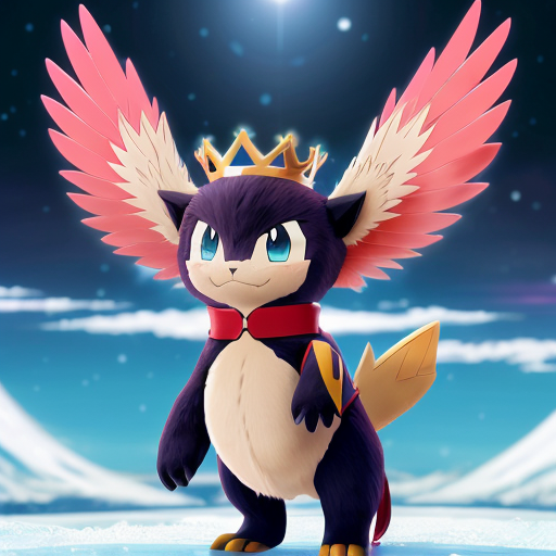 bipedal, black, cat/weasel-like Dark/Ice-type Pokémon characterized by its sharp claws, red feathery crests, and a yellow forehead gem. Standing 3'07" tall, it features a red collar-like crown, two tail feathers, and red, almond-shaped eyes with dark lashes. pokemon