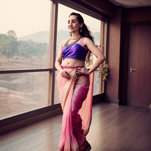 Jennifer Connelly ,24-30 years old, Indian hair style,trying to love, inhaled chest,big open eyes, A plus curvy shaped body structure, showing bangles on hand, bindi,high-quality photo portrait, shot on a Kodak camera, photography, environmental,double eyelid --ar 34:65 --style raw, indian ascent, flying kiss, feeling happy, beautiful legs, wearing violet transparent sari with pink silk crop tank, includes full body structure.