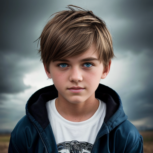 A girl with brown hair blue eyes that looks kinda like storm boy about 10 years old 