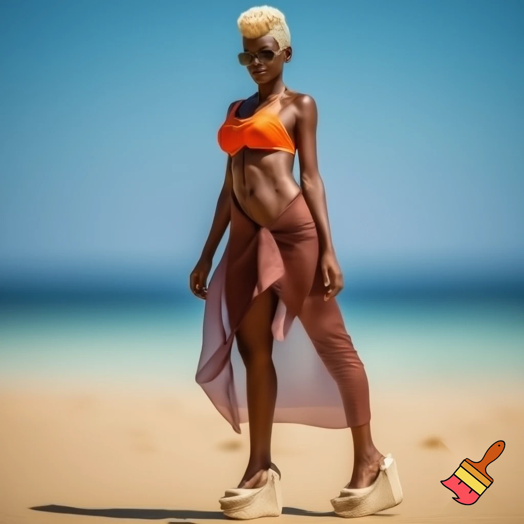 Sexy woman with a pearl blonde pixie cut wearing rimless sunglasses, a bikini, a sarong and espadrille wedges 