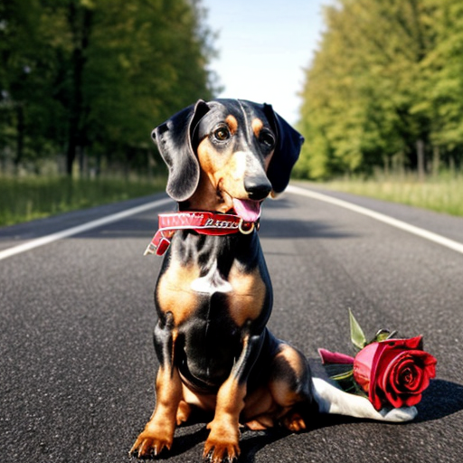 Generate an image showing this. A standard size, long haired, black and tan dachshund sitting by a Polish road saying Ulica Traktorowa, holding a red rose in its teeth. Message: Poszalejmy w Wal
entynki, koledzy i kolezanki ze szkolnej lawy!