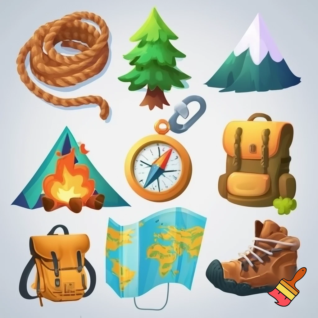 single icons of nature exploration in cartoon style : cord, fir tree, mountain, campfire, tent, carabiner, compass, backpack, world map, hiking shoe, binoculars